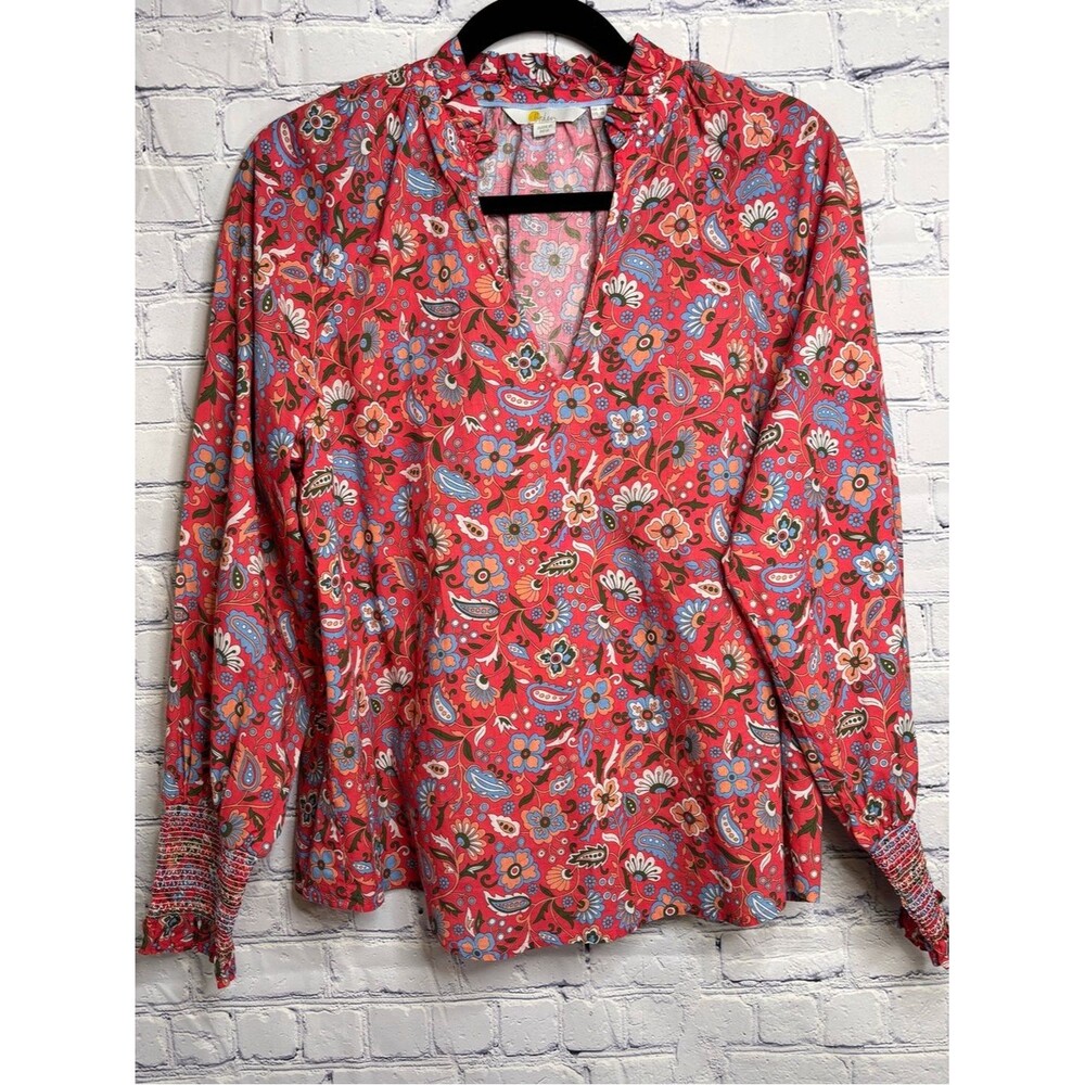 Boden Red Blue Floral Boho Cottagecore Romantic Twee Classic Smocked Cuff Top 10